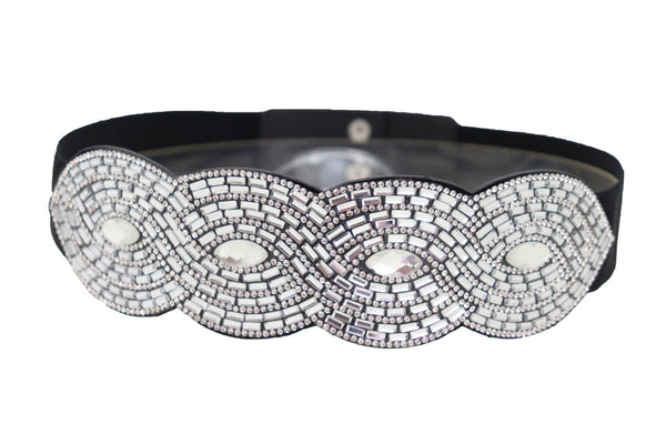 Brand New Women Trendy Black Elastic Belt High Waist Hip Bling Oval Waves Buckle Size S M