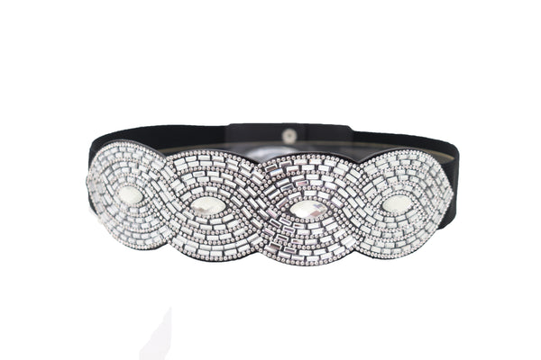 Brand New Women Trendy Black Elastic Belt High Waist Hip Bling Oval Waves Buckle Size S M