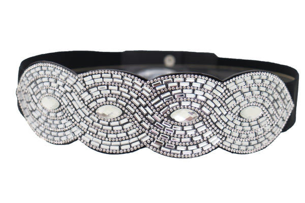 Brand New Women Trendy Black Elastic Belt High Waist Hip Bling Oval Waves Buckle Size S M