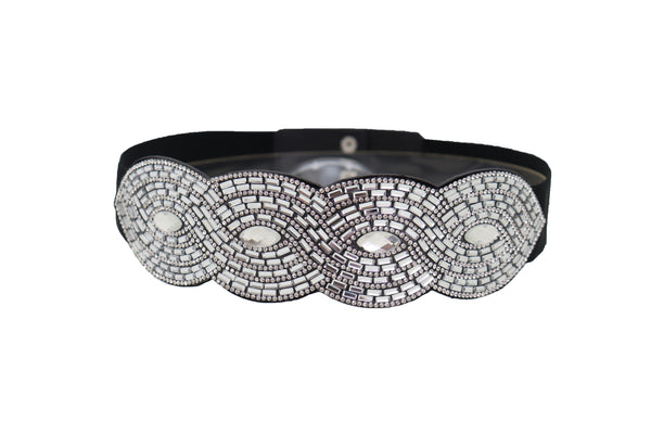 Brand New Women Trendy Black Elastic Belt High Waist Hip Bling Oval Waves Buckle Size S M