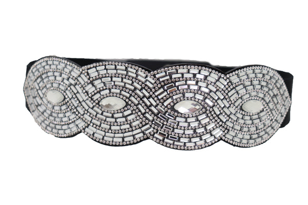 Brand New Women Trendy Black Elastic Belt High Waist Hip Bling Oval Waves Buckle Size S M