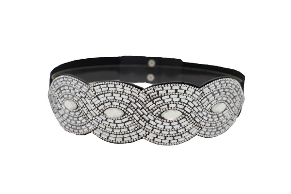 Brand New Women Trendy Black Elastic Belt High Waist Hip Bling Oval Waves Buckle Size S M