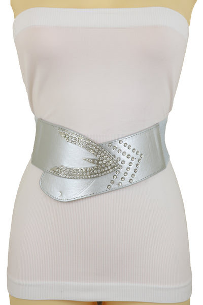 Women Silver Faux Leather Waistband Elastic Fashion Belt Arrow Bling Buckle S M