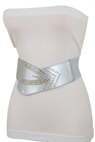 Women Silver Faux Leather Waistband Elastic Fashion Belt Arrow Bling Buckle S M