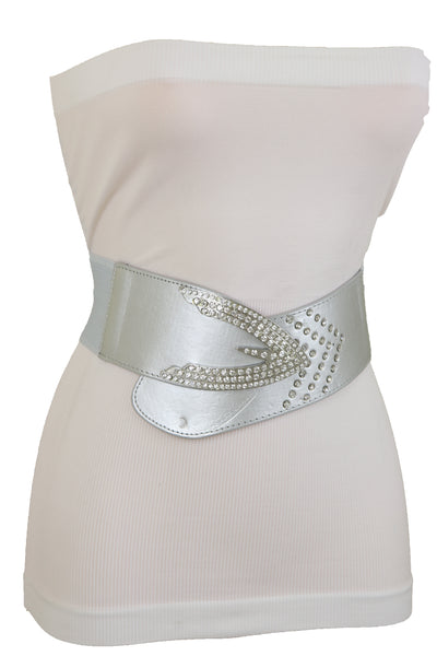 Women Silver Faux Leather Waistband Elastic Fashion Belt Arrow Bling Buckle S M