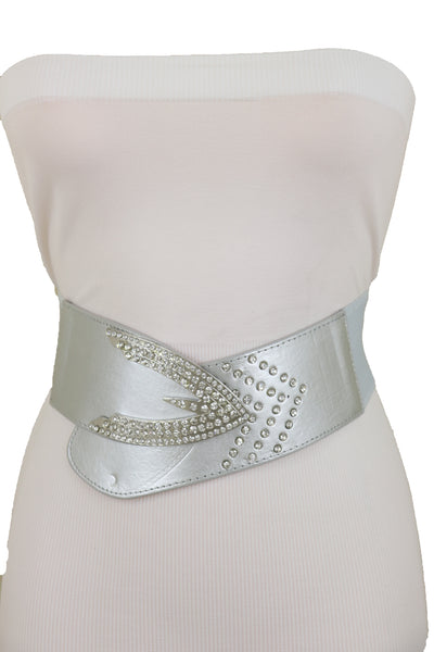Women Silver Faux Leather Waistband Elastic Fashion Belt Arrow Bling Buckle S M