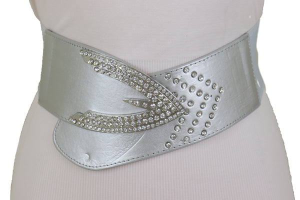Women Silver Faux Leather Waistband Elastic Fashion Belt Arrow Bling Buckle S M