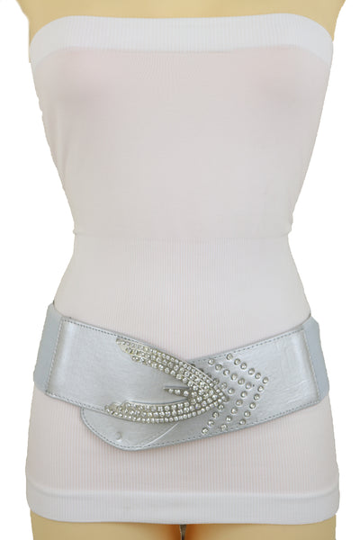 Women Silver Faux Leather Waistband Elastic Fashion Belt Arrow Bling Buckle S M