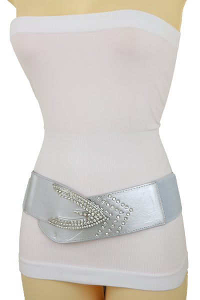 Women Silver Faux Leather Waistband Elastic Fashion Belt Arrow Bling Buckle S M