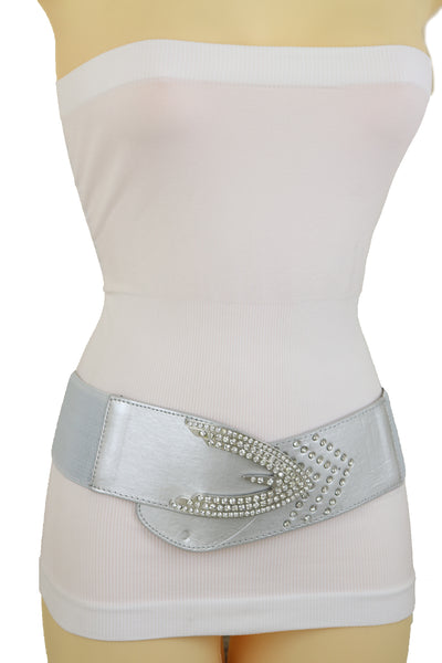 Women Silver Faux Leather Waistband Elastic Fashion Belt Arrow Bling Buckle S M