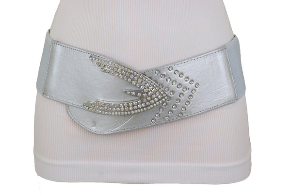 Women Silver Faux Leather Waistband Elastic Fashion Belt Arrow Bling Buckle S M