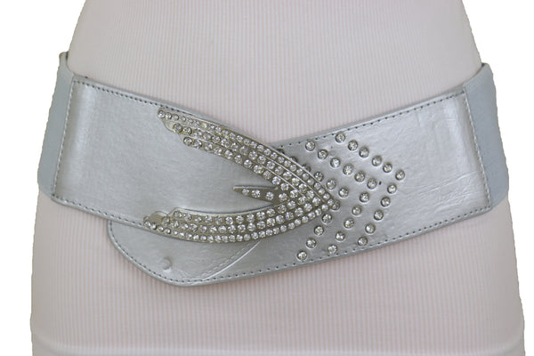 Women Silver Faux Leather Waistband Elastic Fashion Belt Arrow Bling Buckle S M