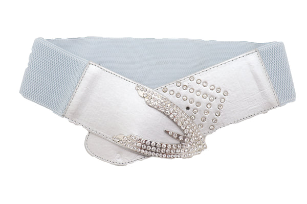 Women Silver Faux Leather Waistband Elastic Fashion Belt Arrow Bling Buckle S M