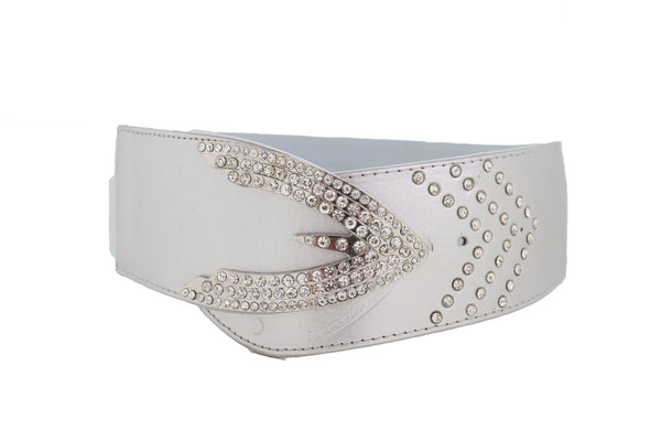 Women Silver Faux Leather Waistband Elastic Fashion Belt Arrow Bling Buckle S M