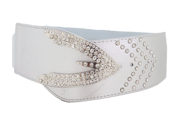 Women Silver Faux Leather Waistband Elastic Fashion Belt Arrow Bling Buckle S M
