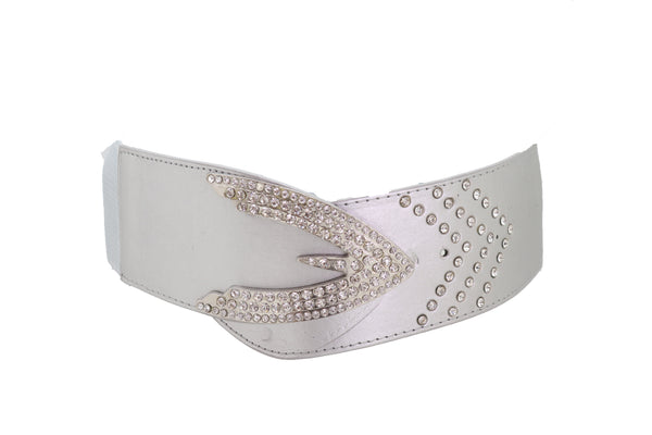 Women Silver Faux Leather Waistband Elastic Fashion Belt Arrow Bling Buckle S M