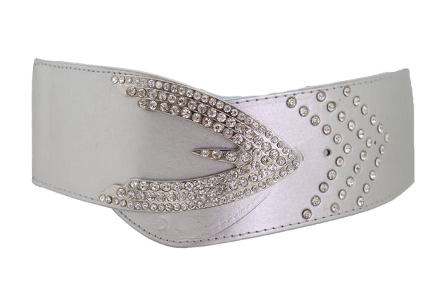 Women Silver Faux Leather Waistband Elastic Fashion Belt Arrow Bling Buckle S M
