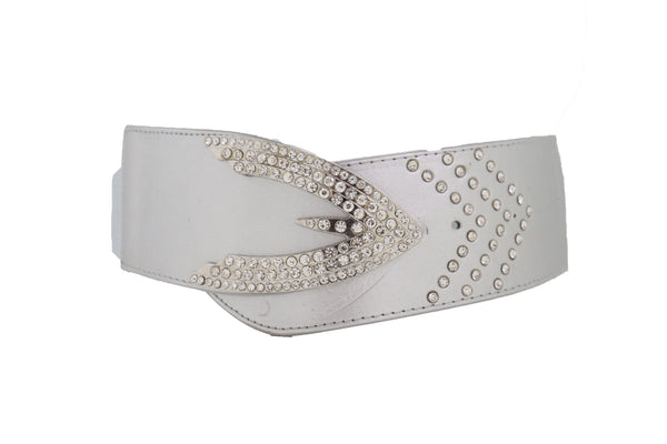 Women Silver Faux Leather Waistband Elastic Fashion Belt Arrow Bling Buckle S M