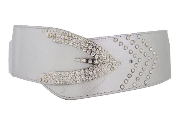 Women Silver Faux Leather Waistband Elastic Fashion Belt Arrow Bling Buckle S M