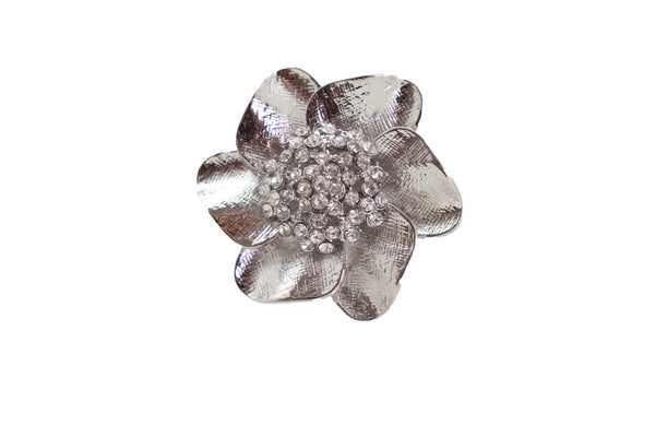 Brand New Women Ring Shiny Silver Metal Elastic Band Fashion Casual Bling Flower Rose Leaf