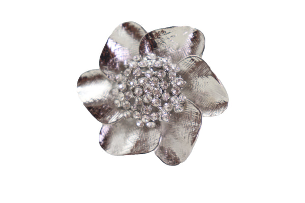 Brand New Women Ring Shiny Silver Metal Elastic Band Fashion Casual Bling Flower Rose Leaf
