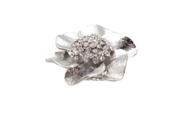 Brand New Women Ring Shiny Silver Metal Elastic Band Fashion Casual Bling Flower Rose Leaf