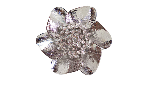 Brand New Women Ring Shiny Silver Metal Elastic Band Fashion Casual Bling Flower Rose Leaf