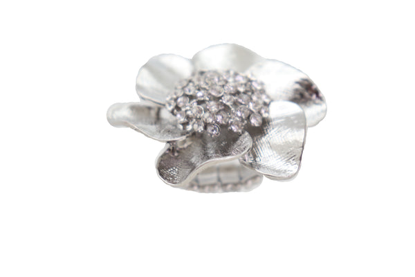 Brand New Women Ring Shiny Silver Metal Elastic Band Fashion Casual Bling Flower Rose Leaf