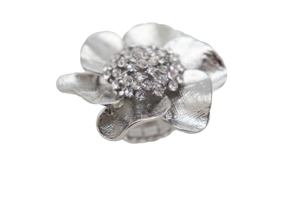 Brand New Women Ring Shiny Silver Metal Elastic Band Fashion Casual Bling Flower Rose Leaf