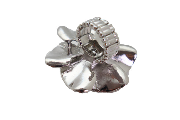 Brand New Women Ring Shiny Silver Metal Elastic Band Fashion Casual Bling Flower Rose Leaf