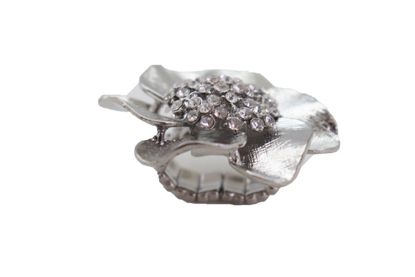 Brand New Women Ring Shiny Silver Metal Elastic Band Fashion Casual Bling Flower Rose Leaf