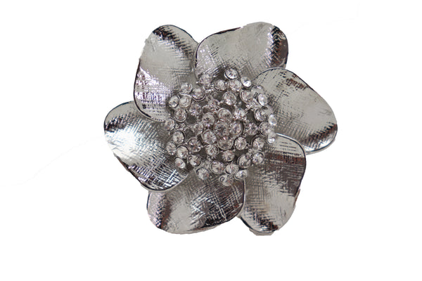 Brand New Women Ring Shiny Silver Metal Elastic Band Fashion Casual Bling Flower Rose Leaf