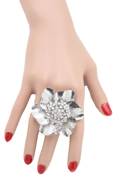 Brand New Women Ring Shiny Silver Metal Elastic Band Fashion Casual Bling Flower Rose Leaf