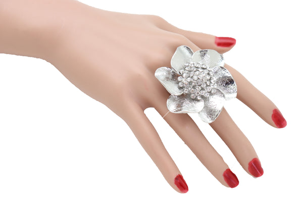 Brand New Women Ring Shiny Silver Metal Elastic Band Fashion Casual Bling Flower Rose Leaf