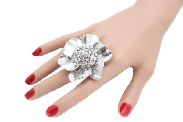 Brand New Women Ring Shiny Silver Metal Elastic Band Fashion Casual Bling Flower Rose Leaf