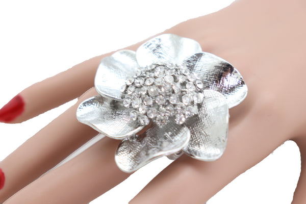 Brand New Women Ring Shiny Silver Metal Elastic Band Fashion Casual Bling Flower Rose Leaf