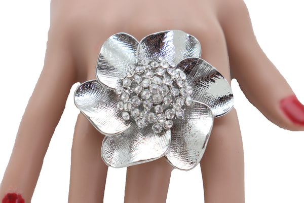 Brand New Women Ring Shiny Silver Metal Elastic Band Fashion Casual Bling Flower Rose Leaf