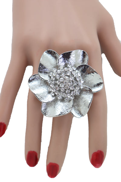 Brand New Women Ring Shiny Silver Metal Elastic Band Fashion Casual Bling Flower Rose Leaf