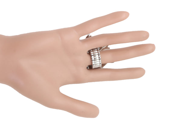 Brand New Women Ring Shiny Silver Metal Elastic Band Fashion Casual Bling Flower Rose Leaf