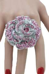 Oversized Pink Rhinestone Flower Elastic Band Ring