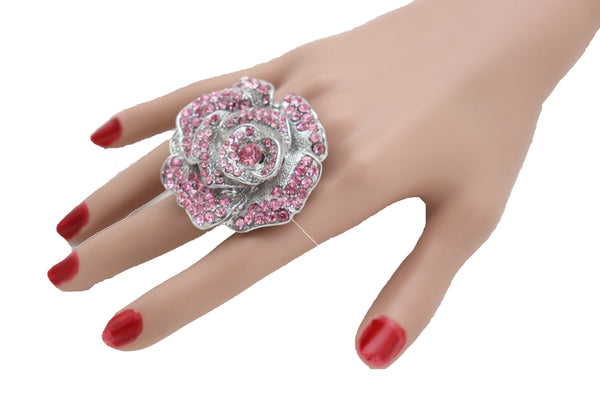 Brand New Women Ring Silver Metal Fashion Jewelry Elastic Band Pink Color Flower Rose Leaf