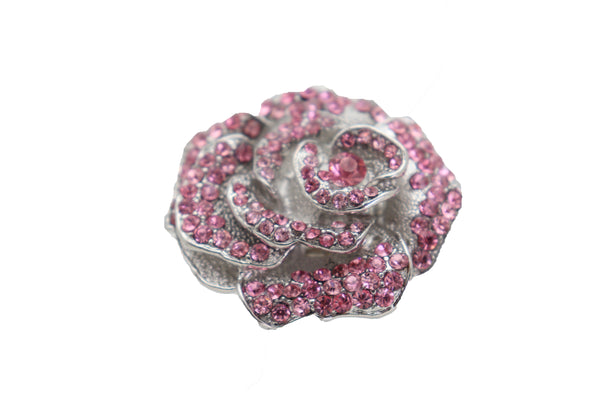 Brand New Women Ring Silver Metal Fashion Jewelry Elastic Band Pink Color Flower Rose Leaf