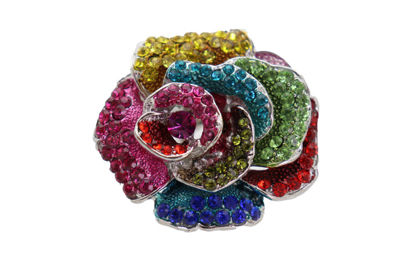 Women Ring Silver Metal Finger Fashion Jewelry Elastic Band One Size Flower Rose Multicolor Rhinestones