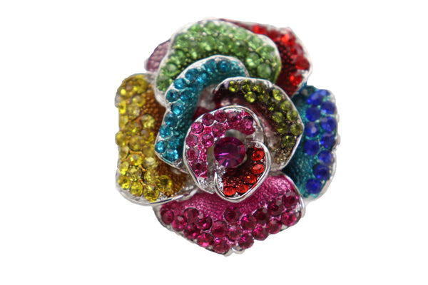 Women Ring Silver Metal Finger Fashion Jewelry Elastic Band One Size Flower Rose Multicolor Rhinestones