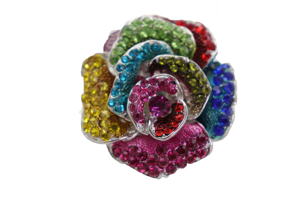Women Ring Silver Metal Finger Fashion Jewelry Elastic Band One Size Flower Rose Multicolor Rhinestones