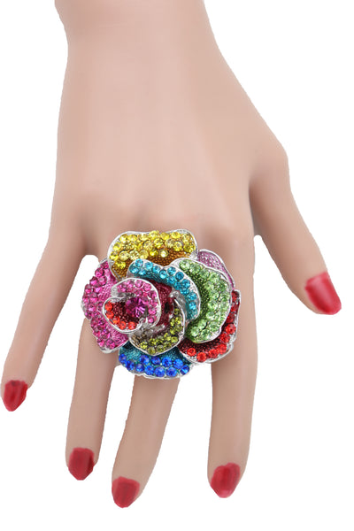 Women Ring Silver Metal Finger Fashion Jewelry Elastic Band One Size Flower Rose Multicolor Rhinestones