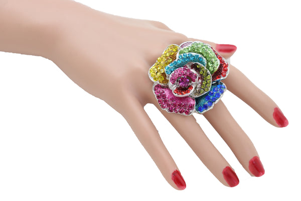 Women Ring Silver Metal Finger Fashion Jewelry Elastic Band One Size Flower Rose Multicolor Rhinestones