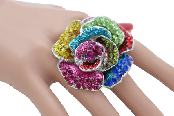 Women Ring Silver Metal Finger Fashion Jewelry Elastic Band One Size Flower Rose Multicolor Rhinestones