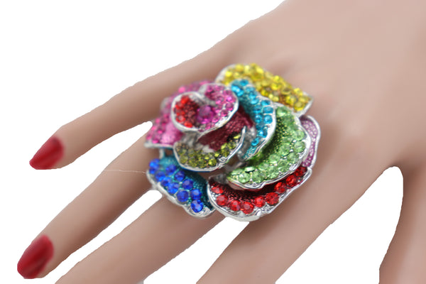 Brand New Women Ring Silver Metal Finger Fashion Jewelry Elastic Band One Size Flower Rose