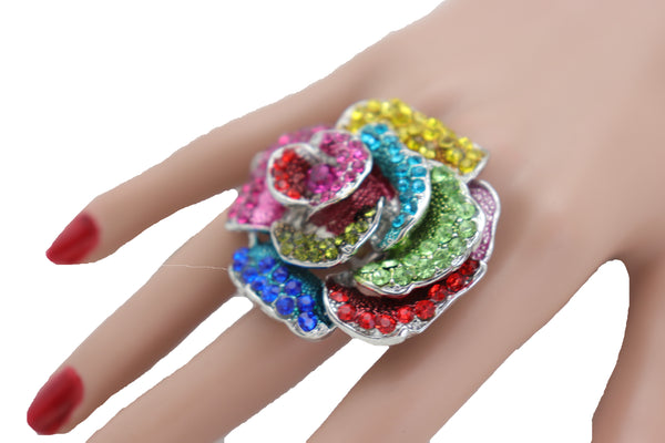 Women Ring Silver Metal Finger Fashion Jewelry Elastic Band One Size Flower Rose Multicolor Rhinestones